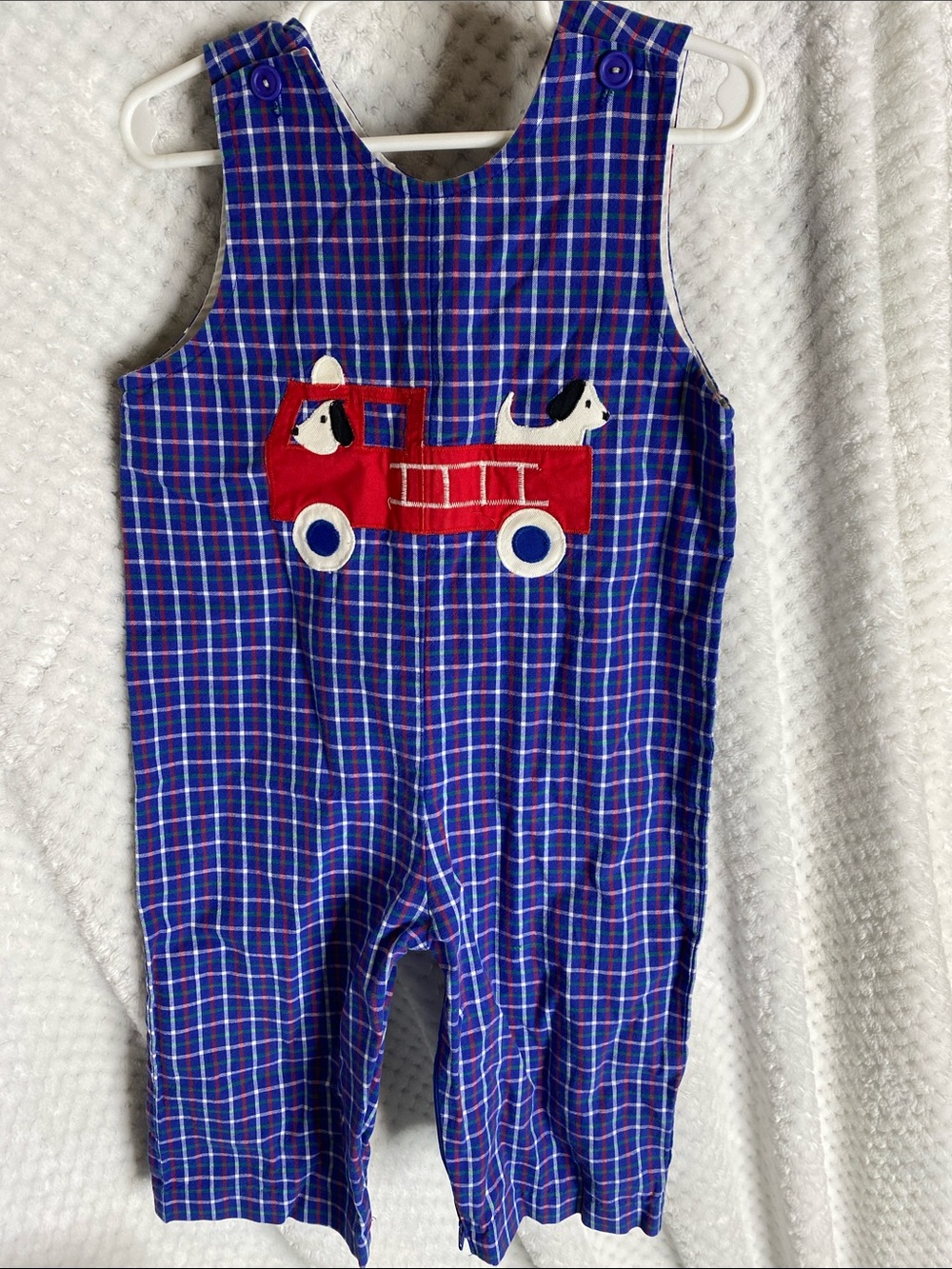 Funtasia Too Blue Plaid Toddler Overalls with Red Fire Truck Appliqué